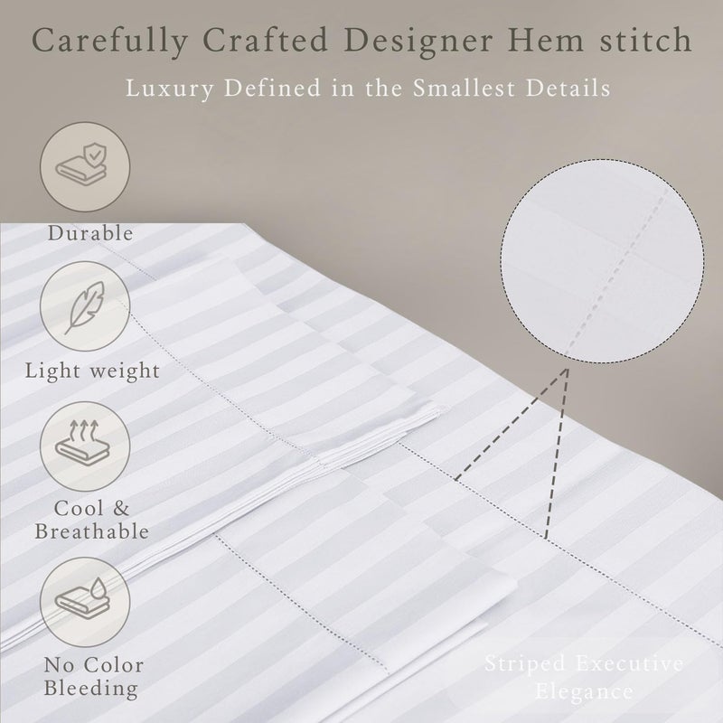 Threadmill 500 Thread Count King Size Damask Stripe, 4 Pc Luxury Cotton Bed Sheet Set, Silky Soft Hotel White Sheets with 16" Elasticized Deep Pocket, 2 Pillowcases & Free Tote Bag - Image 4